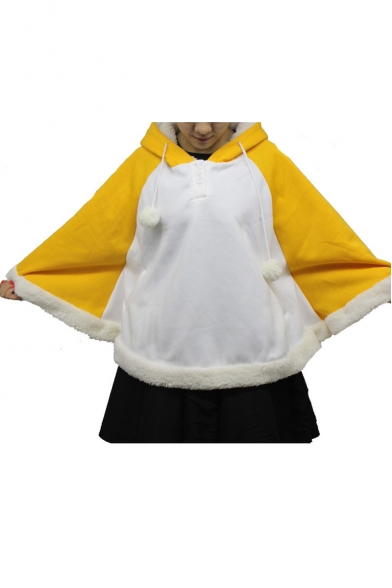 Fashionable Color Block Faux Fur Trimmed Double Buttons Cat Ears Hooded Cape with Pompons & Tail