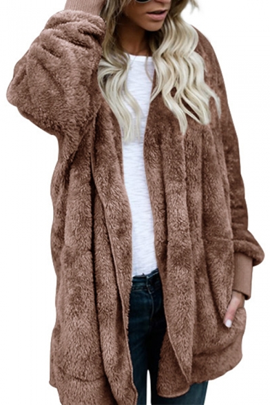 Fashionable Open Front Long Sleeves Hooded Longline Faux Fur Fluffy ...