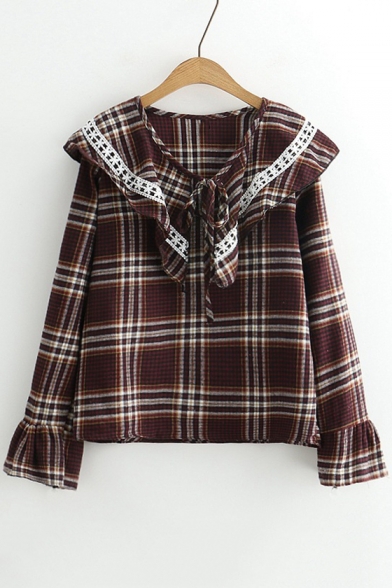 Fashionable Tartan Plaids Over-Sized Ruffly Bow Lapel Lace Insert Bell Sleeves Loose Blouse