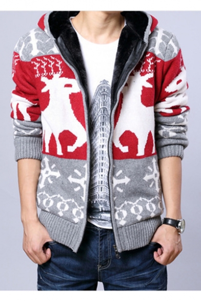 Fashionable Winter Snowflake Deer Pattern Long Sleeves Fur Padded Zip-up Hooded Cardigan