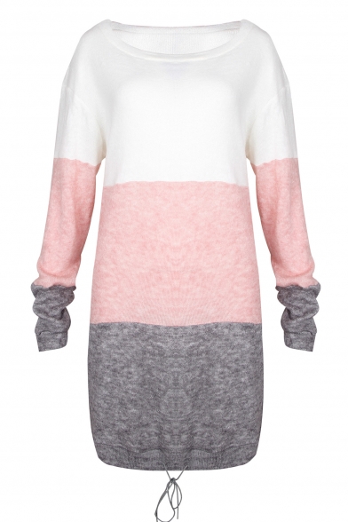New Stylish Color Block Print Long Sleeve Round Neck Sweater Dress