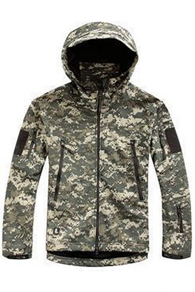 Outdoor Camouflage Long Sleeve Zipper Placket Hooded Coat with Pockets