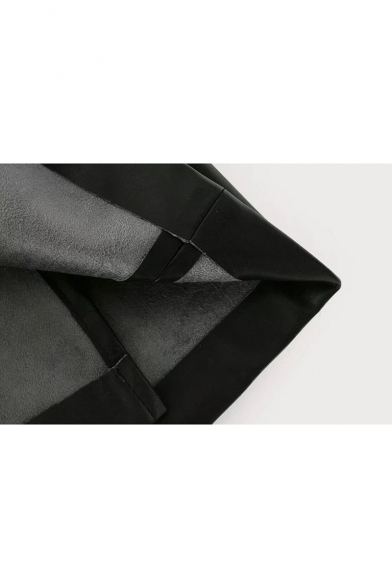 Plain V-Neck PU Panel Long Sleeve Wrap Mini Dress