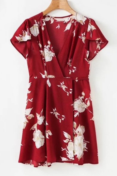 Pohemian Floral Print V-Neck Cap Sleeve Wrap Mini Dress