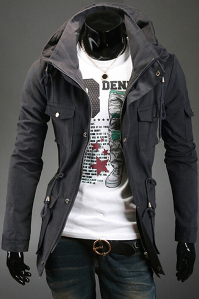 Popular Plain Long Sleeves Zippered Utility Jacket with Pockets & Drawstrings