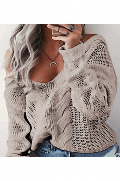 Sexy One Shoulder Long Sleeves Pullover Loose Perforated Sweater