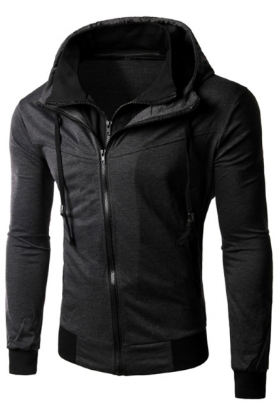 Simple Long Sleeves Layered Lapel Hooded Zippered Jacket with Drawstring