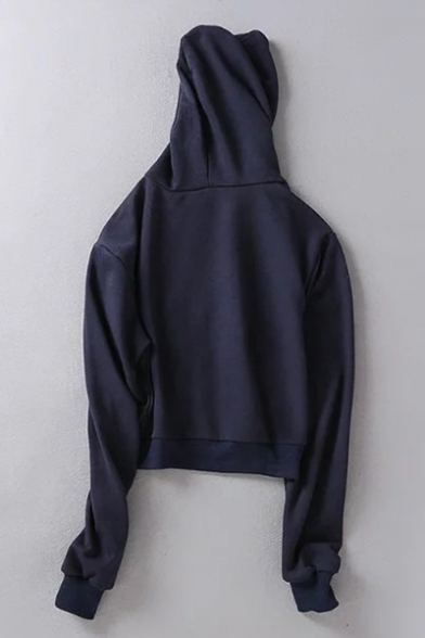Simple Plain Drawstring Hood Zip Up Long Sleeve Cropped Hoodie