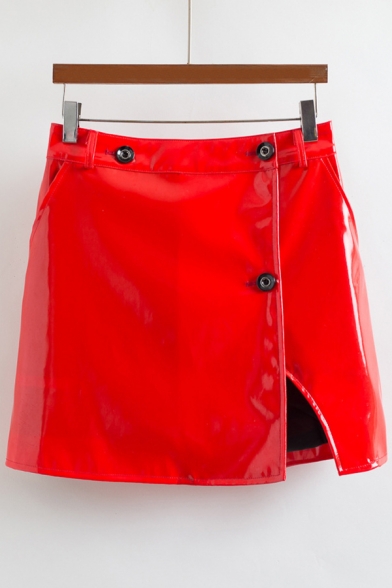 Simple Plain Faux Leather Split Side Button A-Line Mini Skirt