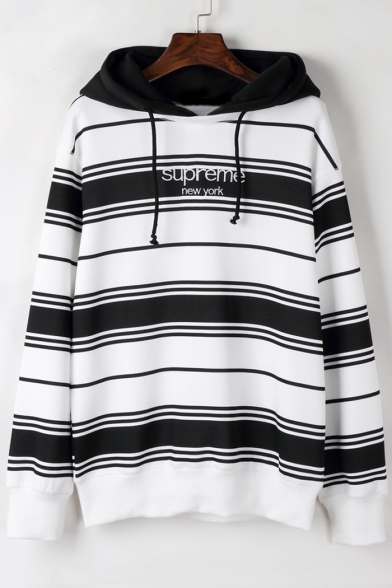 Simple Striped Letter Pattern Long Sleeves Pullover Hoodie with Drawstring