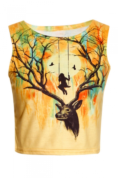 Stylish Deer Antler Swing Sunset Printed Round Neck Sleeveless Cropped Tank Top