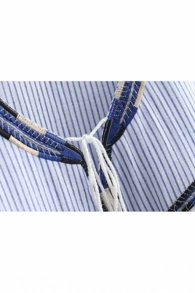 Stylish Stripe Drawstring Neck Contrast Hem Long Sleeve Smock Blouse
