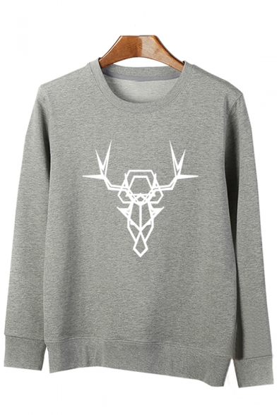 Trendy Abstract Deer Print Long Sleeve Round Neck Pullover Sweatshirt