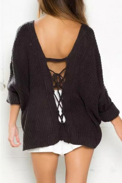 Women's Collection V-Neck Crossed Strappy Cutout Hollow Back Asymmetrical Hem Pullover Sweater