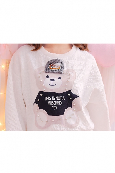 Adorable Bear Pattern Round Neck Long Sleeves Cotton Dobby Peplum Beaded Co-ords