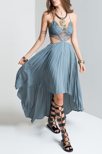 Bohemian Style Sexy V-Neck Hollow Out High Low Hem Dress