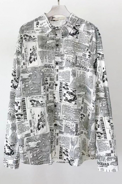 Casual Newspaper Pattern Turn-down Collar Long Sleeves Button-Down ...