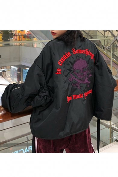 Chic Letter Skull Embroidered Zippered Loose Over-Sized Baseball Jacket with Flap-Pockets
