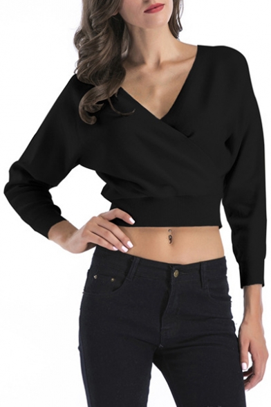 Chic Long Sleeve Wrap Front Simple Plain Cropped Pullover Sweater
