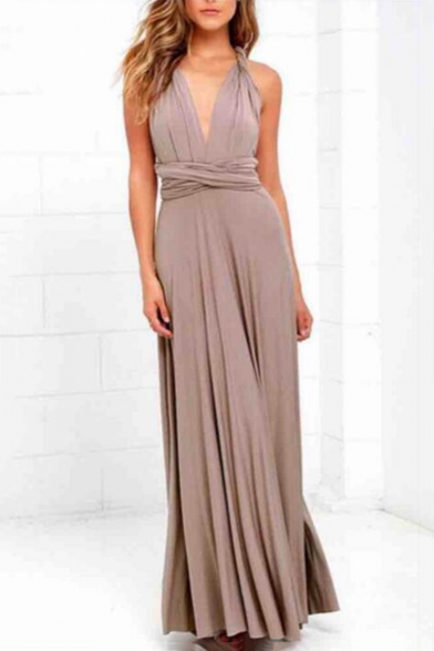 Chic Plunge Neck Open Back Simple Plain Maxi Dress with Multi-Way Strap