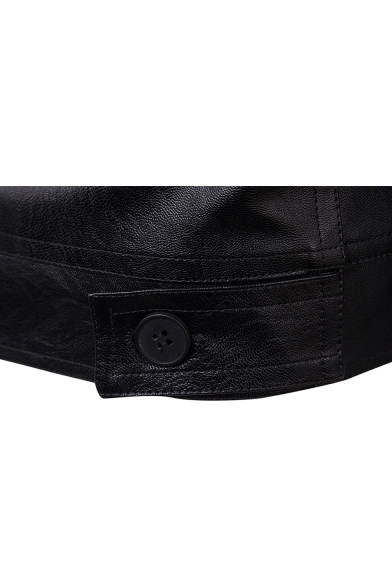 Classic Lapel Zip Up Long Sleeve Button Detail Biker Jacket