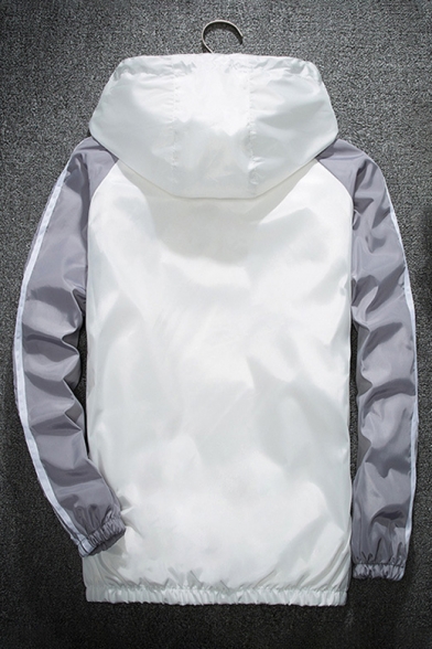 Color Block Striped Print Long Sleeve Zipper Hooded Windproof Coat
