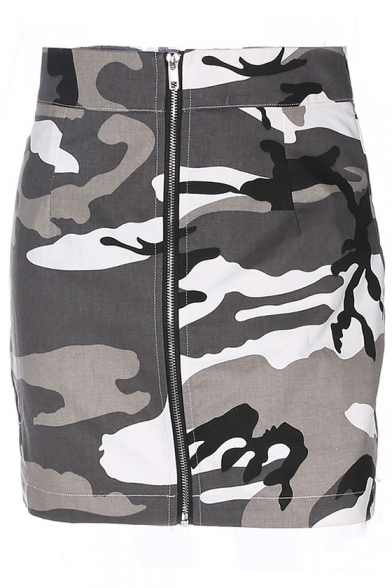 Cool Camouflaged Pattern Zippered Front High Waist Bodycon Mini Skirt