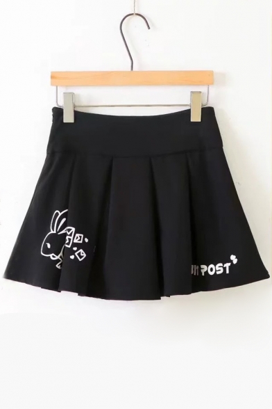 Cute Rabbit Cartoon Letter Printed Attached Lacing Back Box-Pleat Mini Skirt