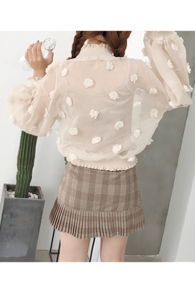 Elegant Floral Pattern Balloon Sleeves High Neck Ruffle Trimmed Mesh Blouse with Vest