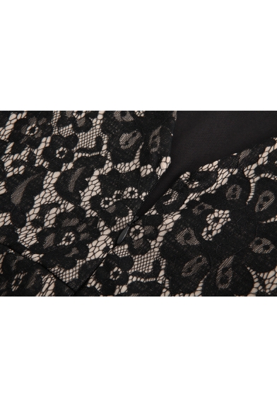 Elegant Lace Panel Floral Pattern Split-Front V-Neck V-Back Asymmetrical Hem Midi Dress