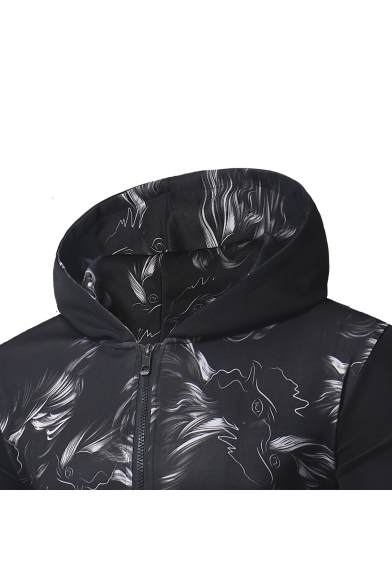 Fashion Abstract Print Long Sleeve Zipper Hooded Coat