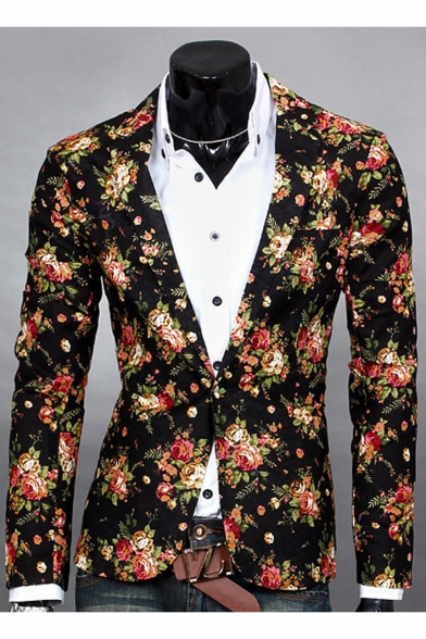 Fashionable Floral Print Single Button Notch Lapel Split Back Long Sleeve Blazer