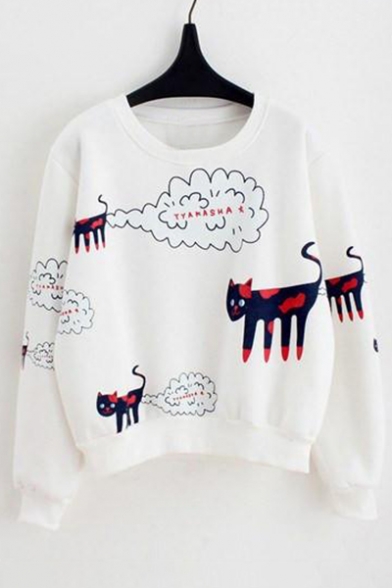 Funny Cartoon Cat Print Round Neck Long Sleeve Pullover Sweatshirt