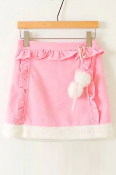Girlish Ruffle Trimmed Fur Hem Zip-Side Mini A-line Skirt with Pompoms