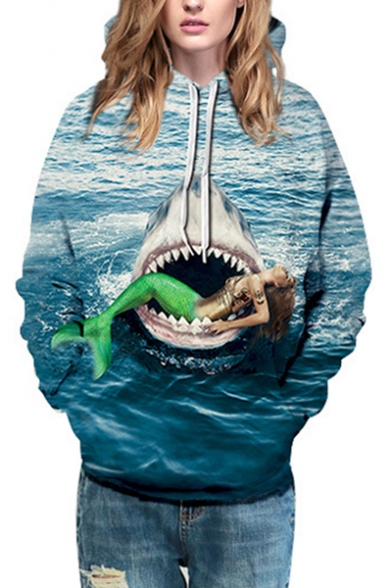 Horrifying Mermaid Shark Sea Pattern Long Sleeves Pullover Hoodie with Pocket