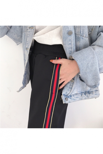Leisure Striped Side Pattern Elastic Waist Pull-on Track Pants Joggers Embellished with Buttons