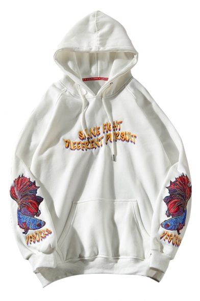 Letter Fish Embroidered Long Sleeve Loose Hoodie