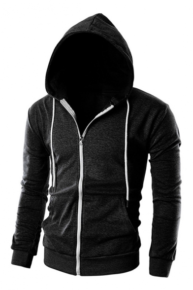 Men's Fashion Simple Plain Long Sleeve Zip Up Hoodie