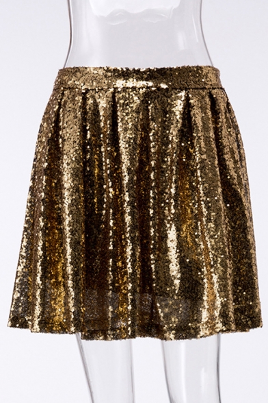 New Fashion Plain Sequined Zipper Mini Pleated Skirt