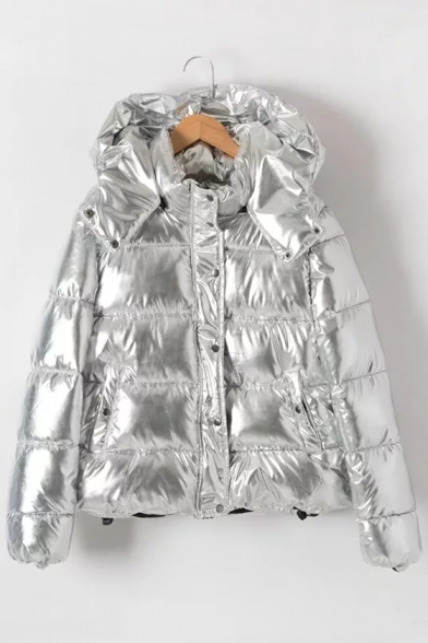 Pop Silver Sequined Zippered Single Breasted Quilted Coat with Detachable Hood & Pockets