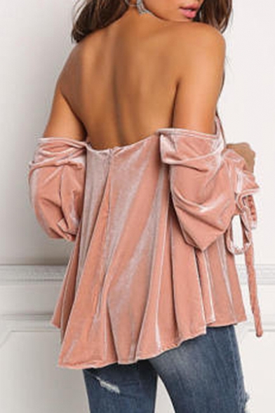 Sexy Plain Off the Shoulder Sweetheart Neck Blouson Long Sleeves Bow Tie Cuffs Loose Blouse