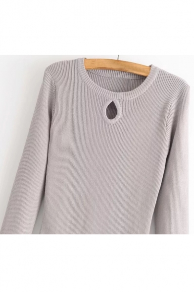 Simple Cutout Detail Round Neck Long Sleeves Split Hem Bodycon Mini Sweater Dress
