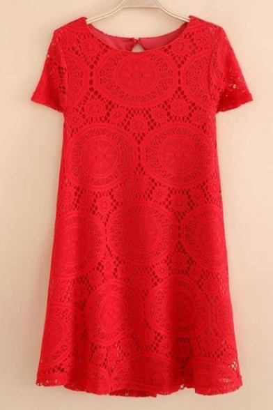 Simple Plain Round Neck Short Sleeve Lace Crochet Mini Dress