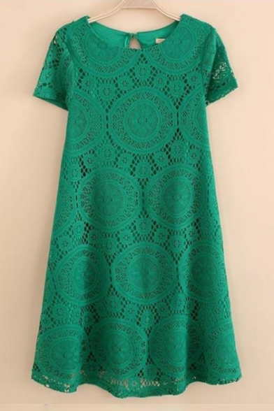Simple Plain Round Neck Short Sleeve Lace Crochet Mini Dress