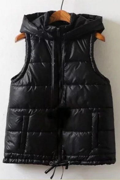 Simple Quilted Hooded Zippered Warm Plain Vest with Pompoms