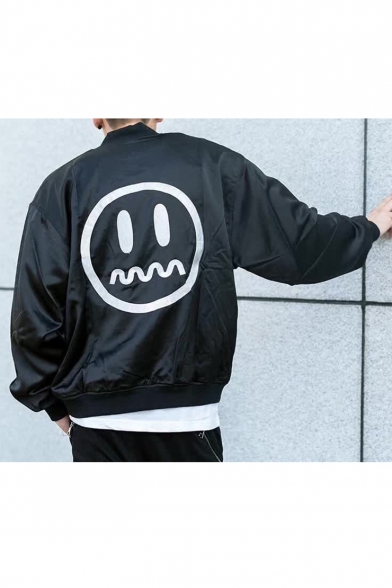 Smile Face Embroidered Stand-Up Collar Zip Up Long Sleeve Bomber Jacket
