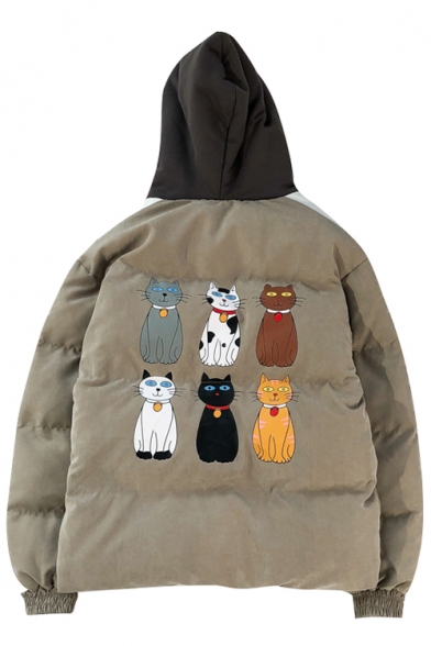 Trendy Cat Cartoon Pattern Long Sleeves Color Block Zippered Hooded Quilted Coat with Pockets