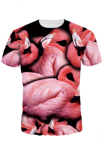 Trendy Flamingo Allover Pattern Round Neck Short Sleeves Pullover Summer Tee