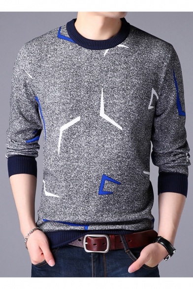 Trendy Symbol Geometric Printed Round Neck Long Sleeves Contrast Trimmed Pullover Sweater