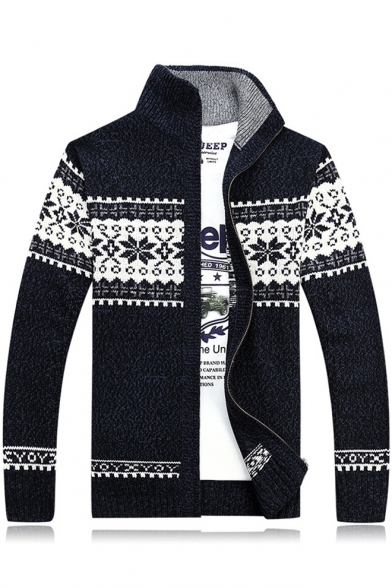 Warm Winter's Snowflake Pattern High Neck Long Sleeves Zippered Cardigan